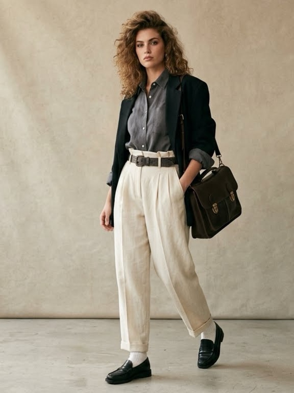 VTG Casual Corner Pleated Rayon Linen Trousers Tan Slub Sz 10 Fits Modern 2/4